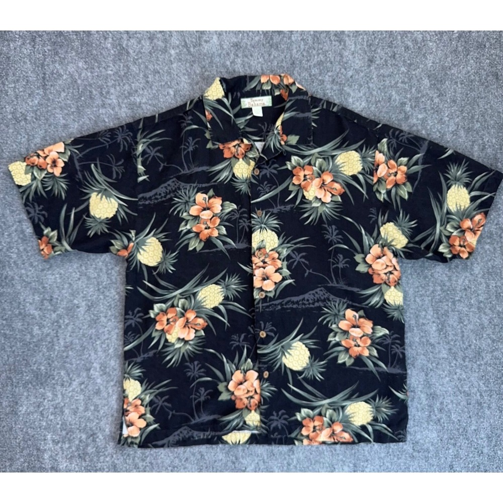 Tommy Bahama Silk Hawaiian Shirt Mens L Black Floral Pineapple Print Wood Button